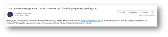 Screenshot of sample email response from IT