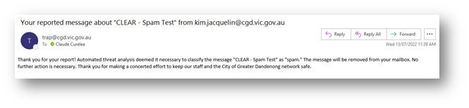 Screenshot of sample email response from IT