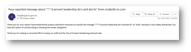 Screenshot of sample email response from IT