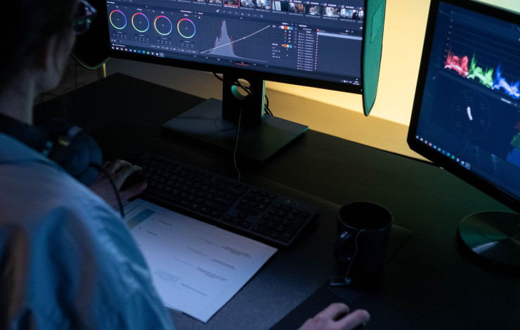 a person sitting in front of two computer screens