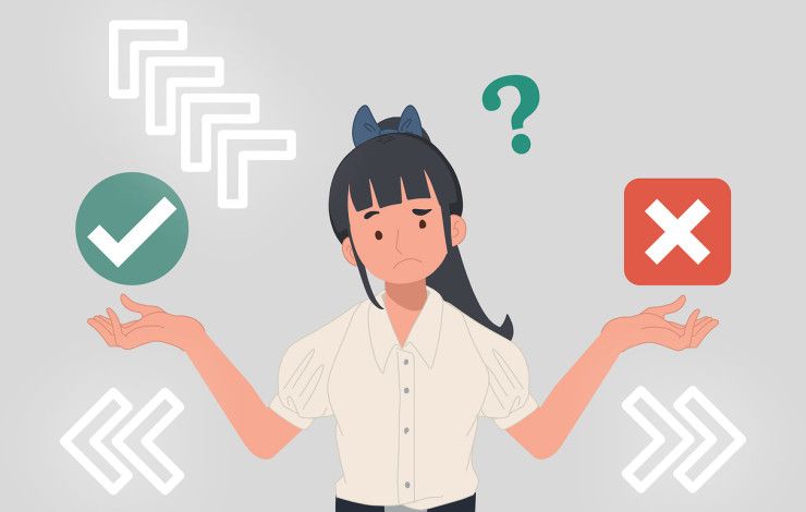 An illustration of a girl holding a tick and a cross