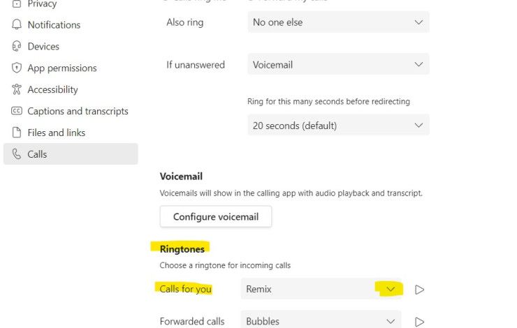 screenshot of teams settings menu