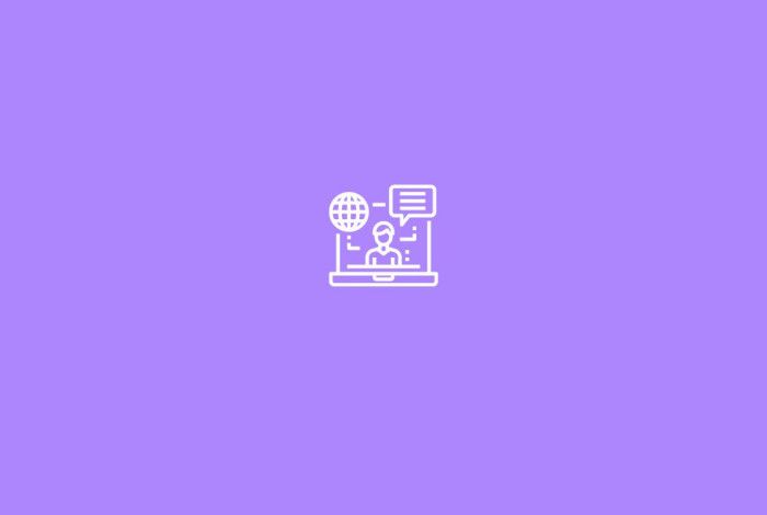 Purple background with icon of person and computer