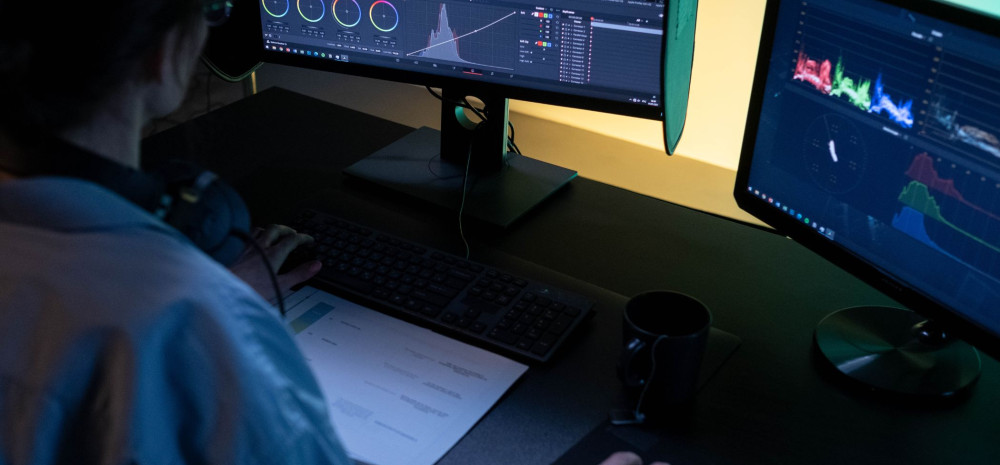 a person sitting in front of two computer screens
