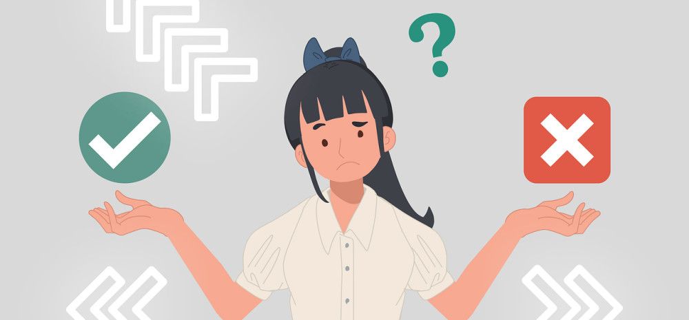 An illustration of a girl holding a tick and a cross