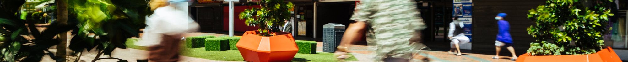 people walking through palm plaza