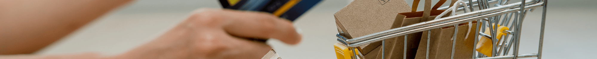 A person holding a credit card and a graphic image of a shopping trolley.