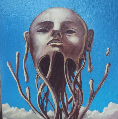 Image credit: Adrian Olguin, Nearing Full Carpophore, 2025, oil on wood, 9" x 5".