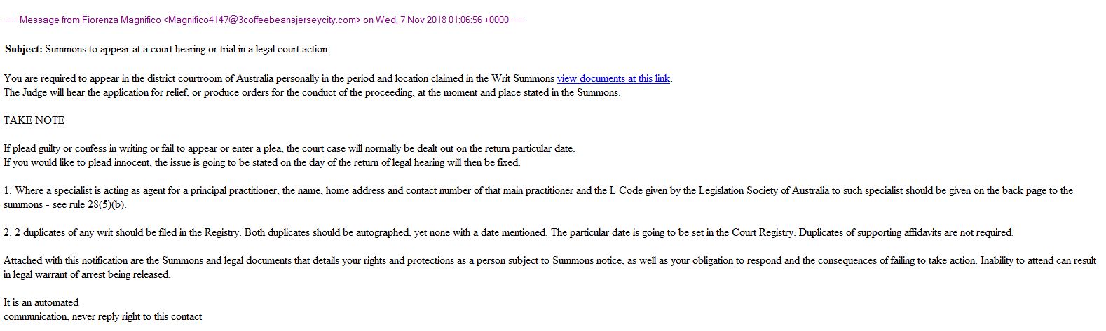 Summons to appear in Court Scam